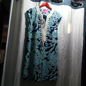 Lilly Pulitzer Blue and Green Tunic Patterned Dress with White Trim